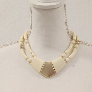 Vintage Cream Gold Double Strand Beaded Choker Necklace Geometric Statement‎